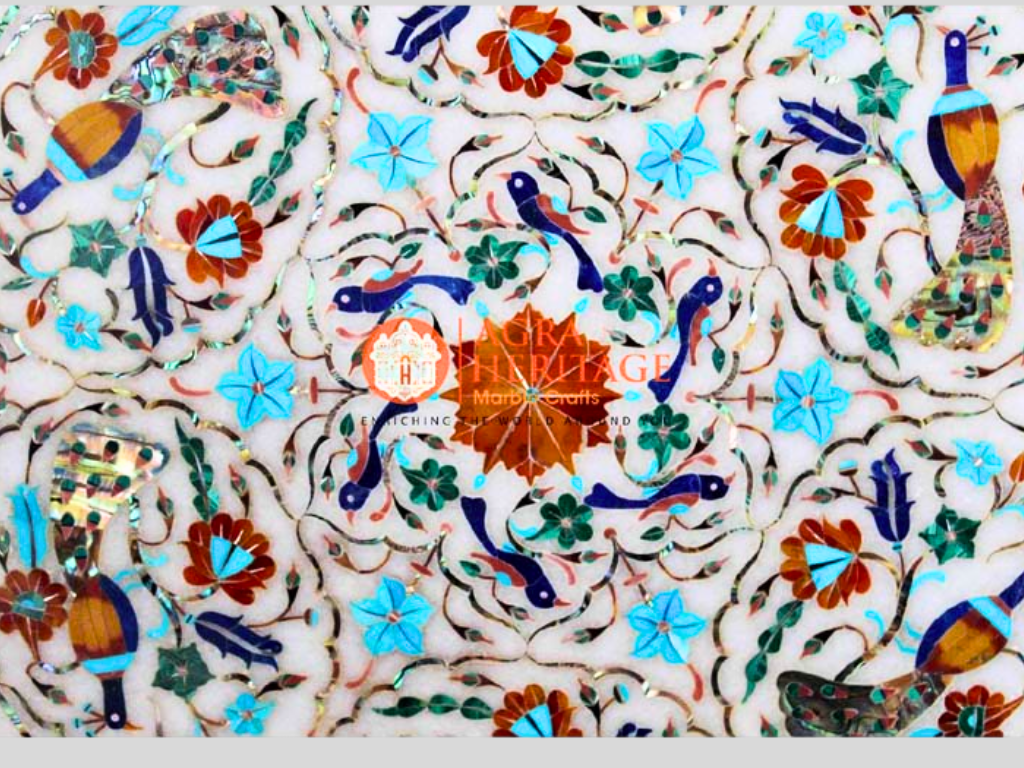 Peacock Art Marble Multi Inlay Floral Design Plate Interior